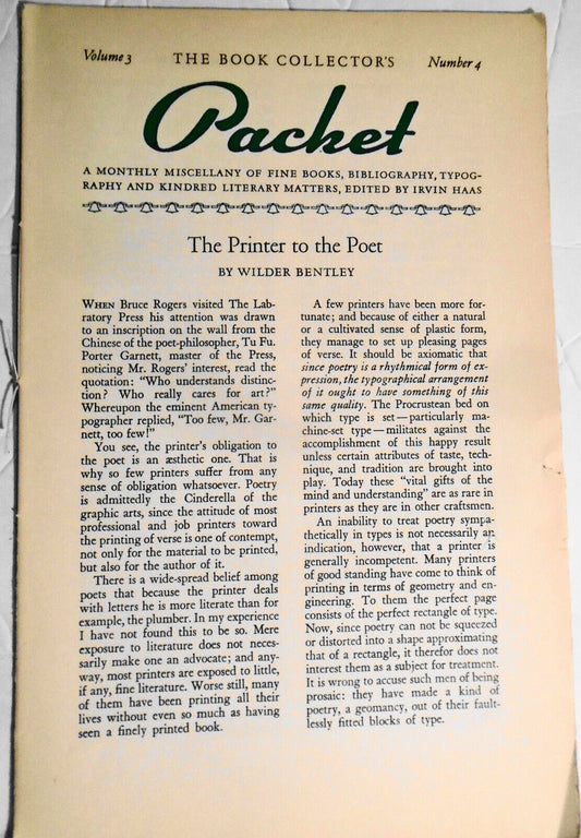 Book Collector's Packet December 1938. The Printer to the Poet, by W. Bentley...