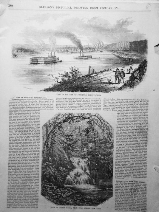 1. View of the City of Pittsburg & 2. Indian Falls - Gleason's Pictorial 1853