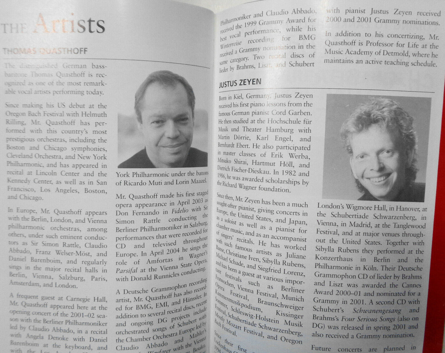 THOMAS QUASTHOFF, BASS-BARITONE - JUSTUS ZEYEN - Carnegie Hall Playbill Oct 2003