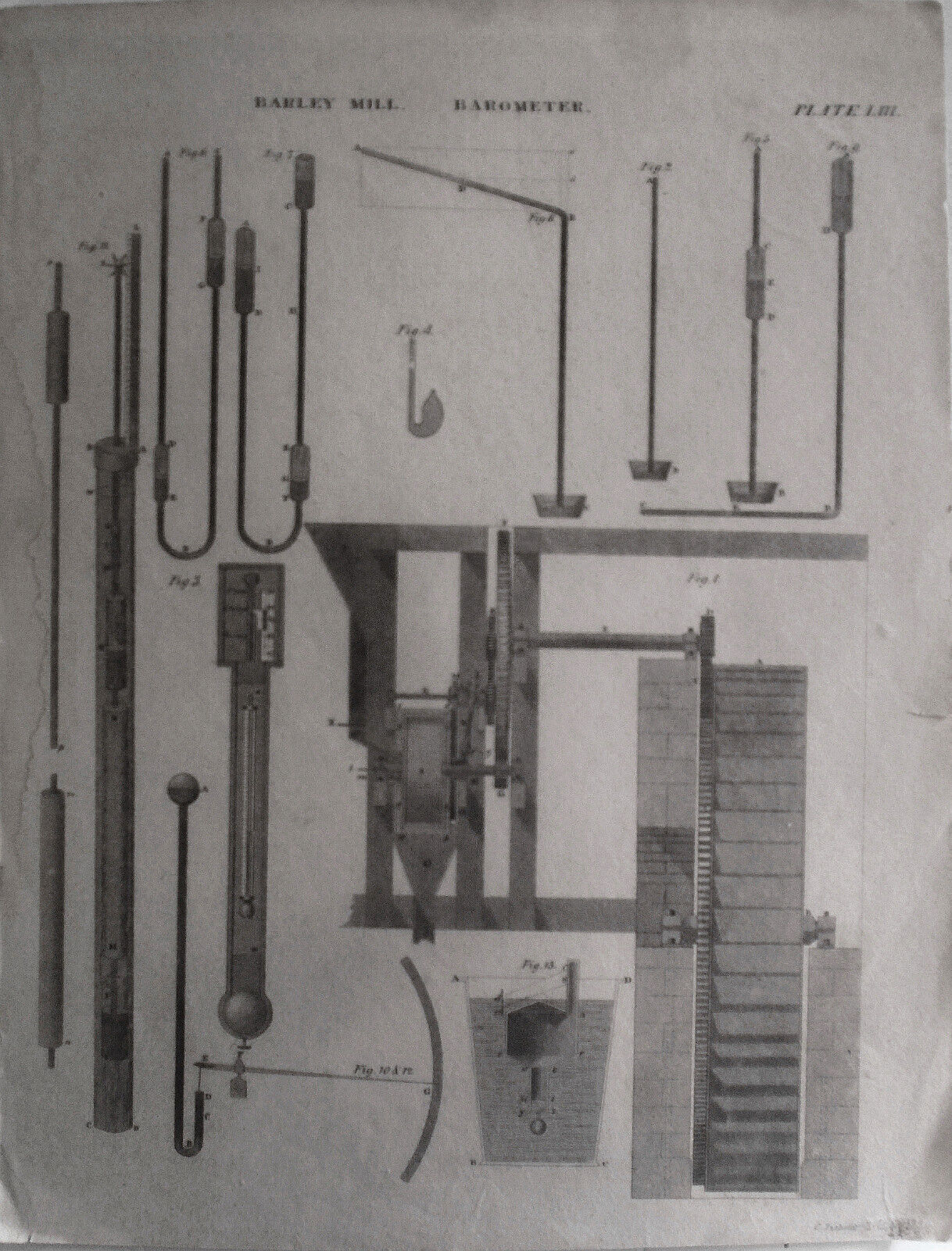 1832 Barley Mill. Barometer. - Cornelius Tiebout, sculp. Original antique print