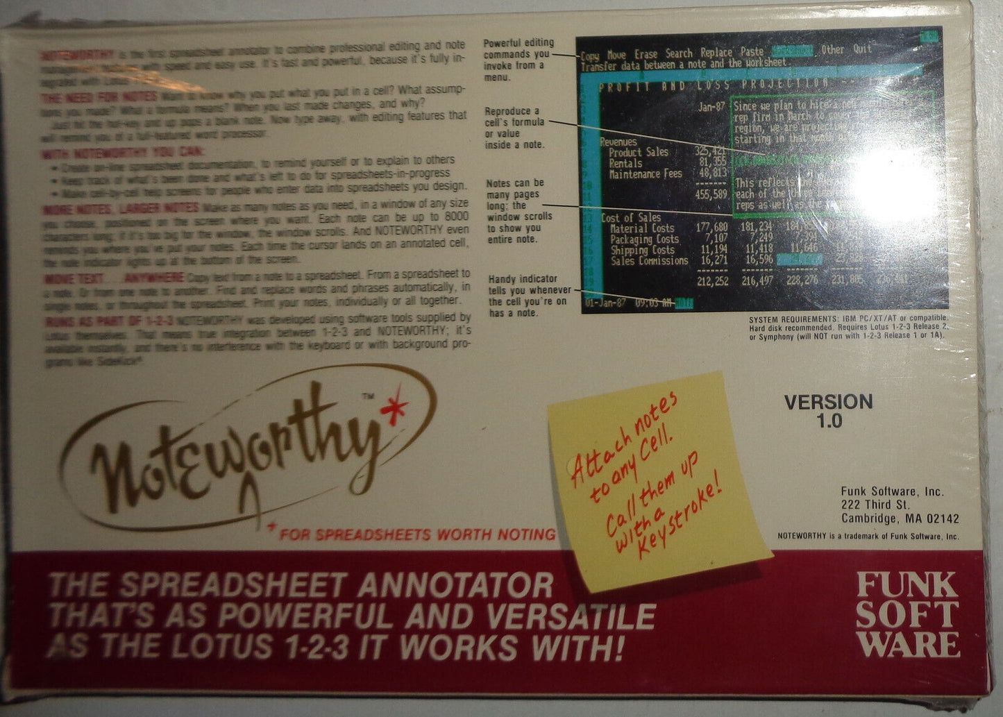 NOTEWORTHY (for spreadsheets worth noting) by Funk Software 1987 - MINT, NEW