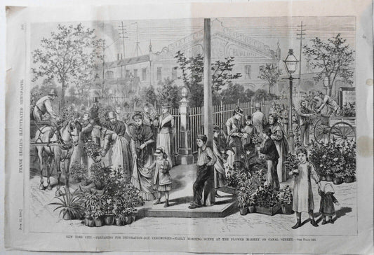 Preparing for Decoration Day Ceremonies - on Canal St., NYC -Frank Leslies, 1880