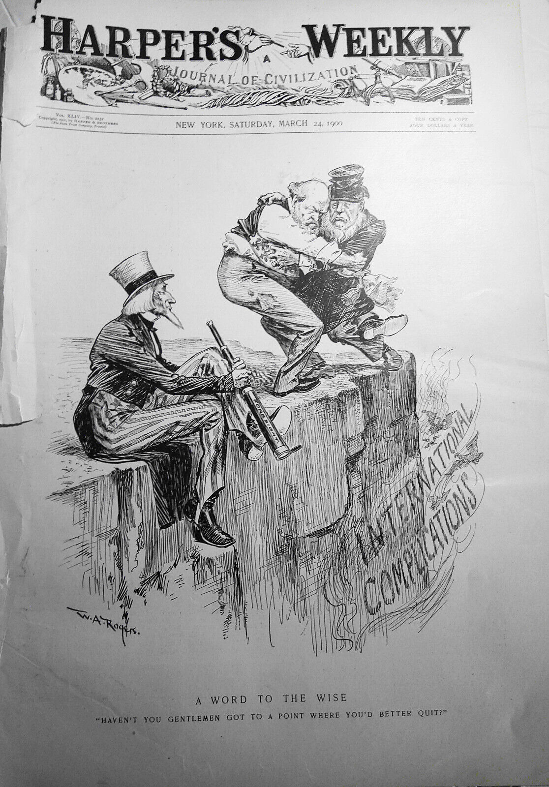 A Word to the Wise, by W. A. Rogers. Harper's Weekly March 24, 1900. Original.