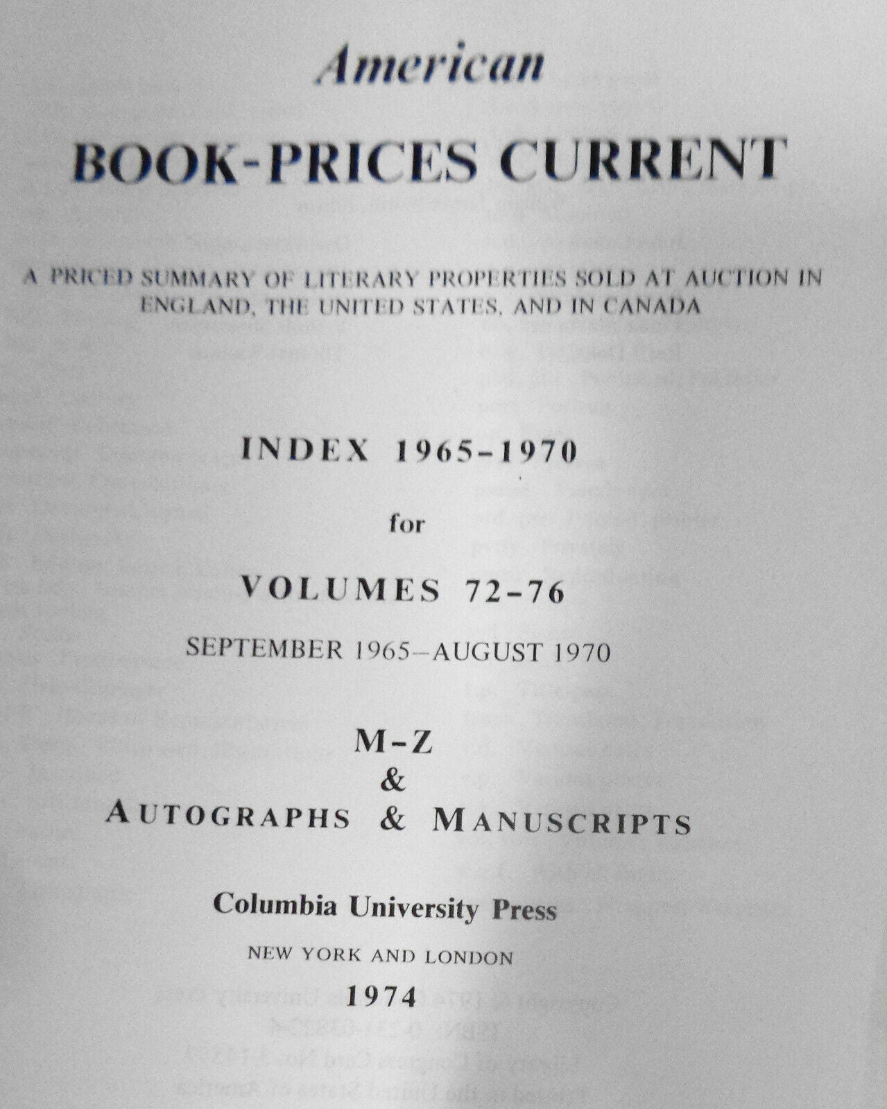 American Book-Prices Current Index 1965-1970 for Volumes 72 - 76