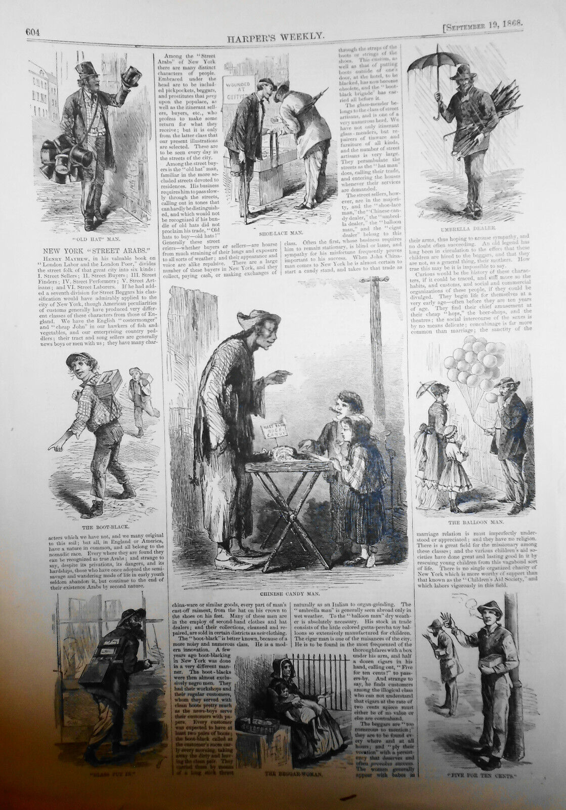 New  York "Street Arabs" - Harper's Weekly, September 19, 1868 - original print