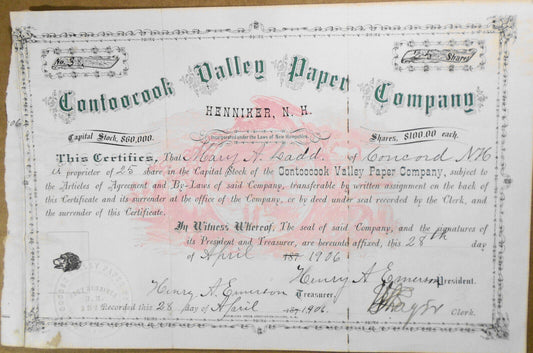 1906 Contoocook Valley Paper Company, Henniker, NH - Stock Certificate /Transfer
