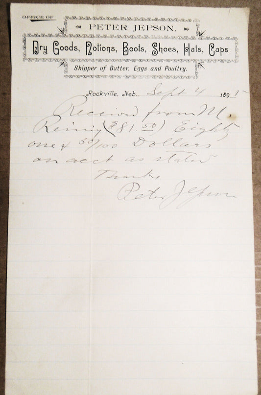 Peter Jepson, Dry Goods Notions Boots Shoes Hats - Receipt - 1891 - Rockville NB