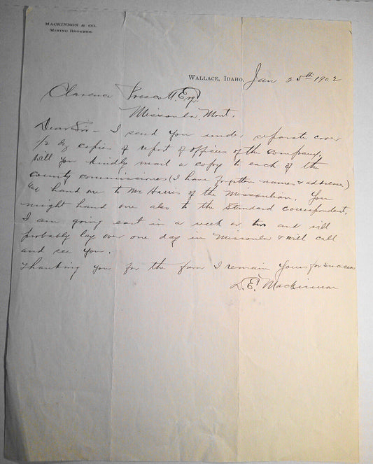 MacKinnon & Co.,  Mining Brokers, Wallace, Idaho, 1902 Business Letter