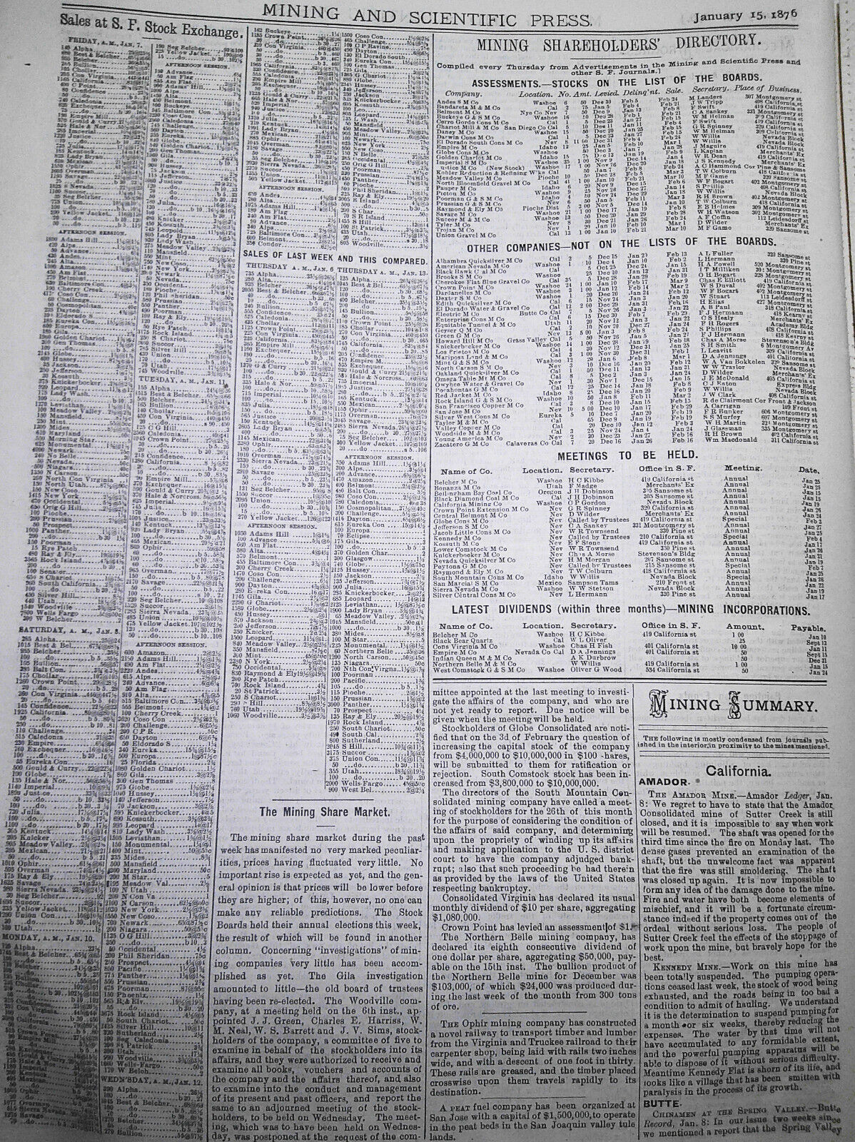 Mining and Scientific Press January 15, 1876. Yellowstone Lake; Colorado Bullion