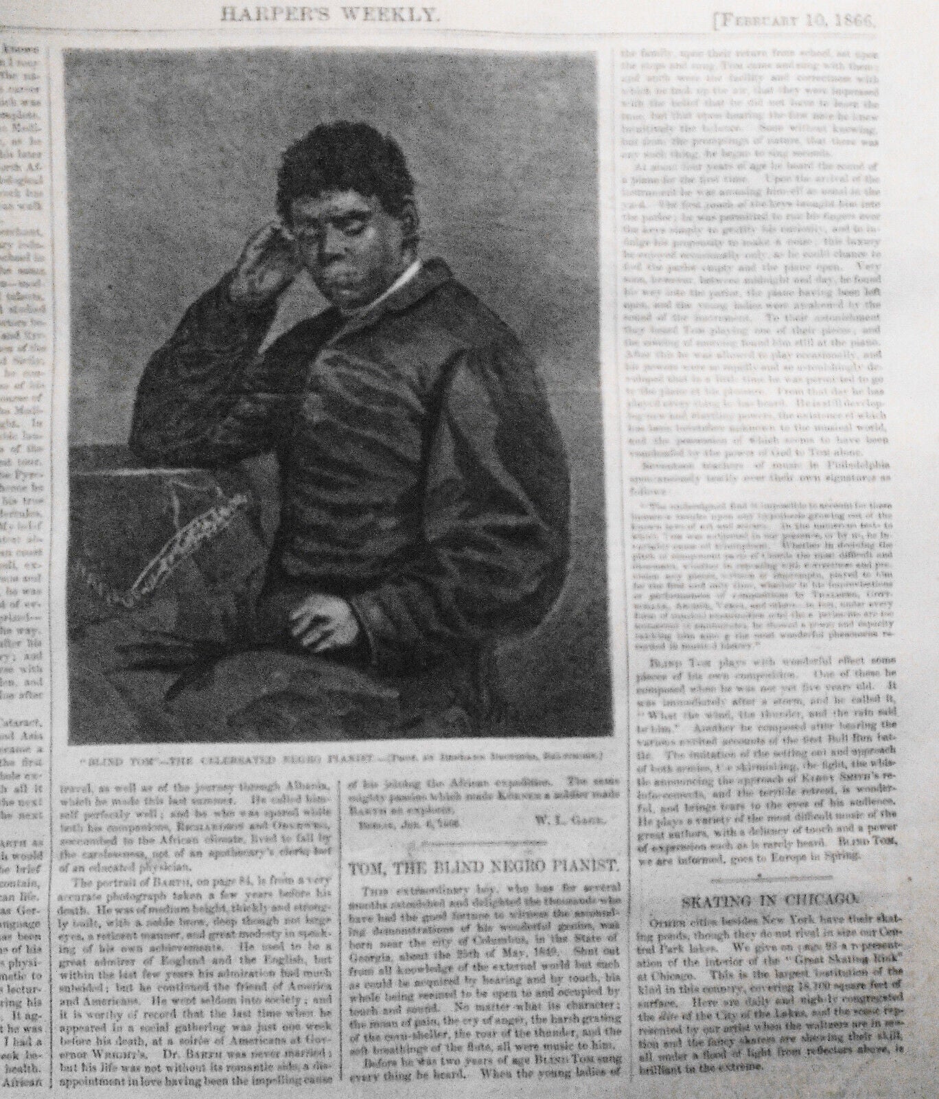 1866 Blind Tom, Negro Pianist - Harper's Weekly, 2/10 Original complete issue