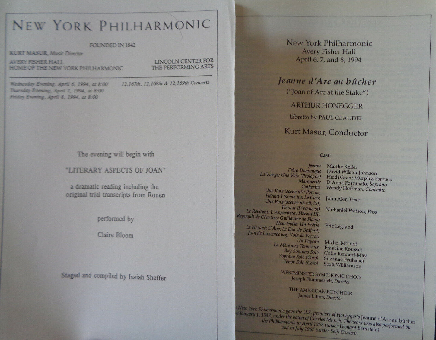 JEANNE D' ARC AU BUCHER - STAGEBILL - APRIL 1994 Kurt Masur, NY Philharmonic