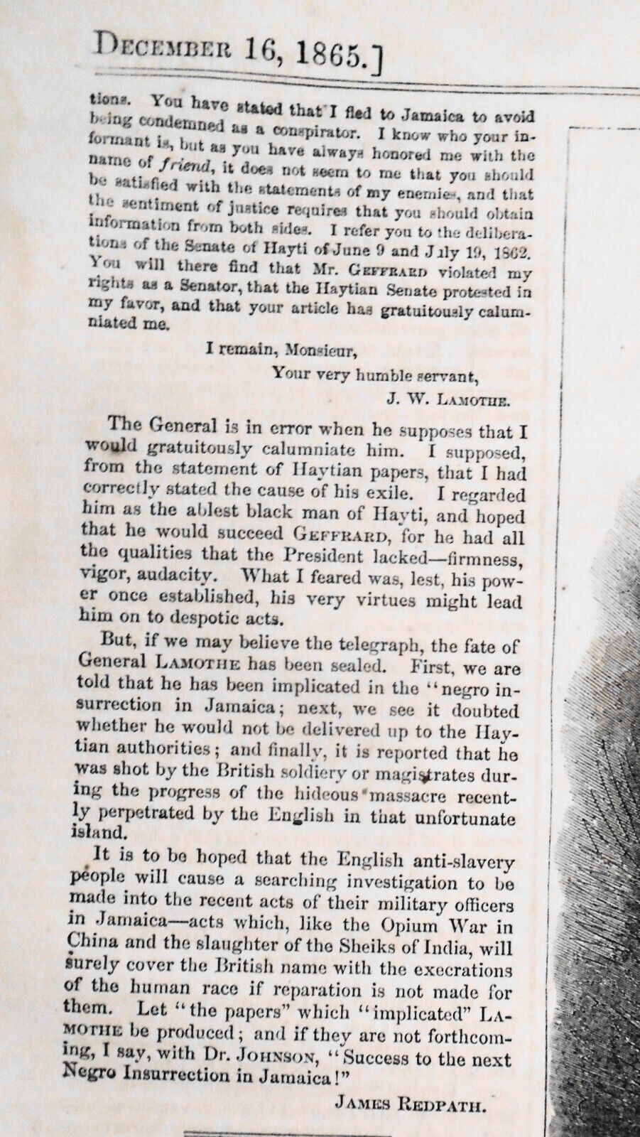 1865 General Lamothe - rebellion in Haiti and Jamaica. Original, Story & Print