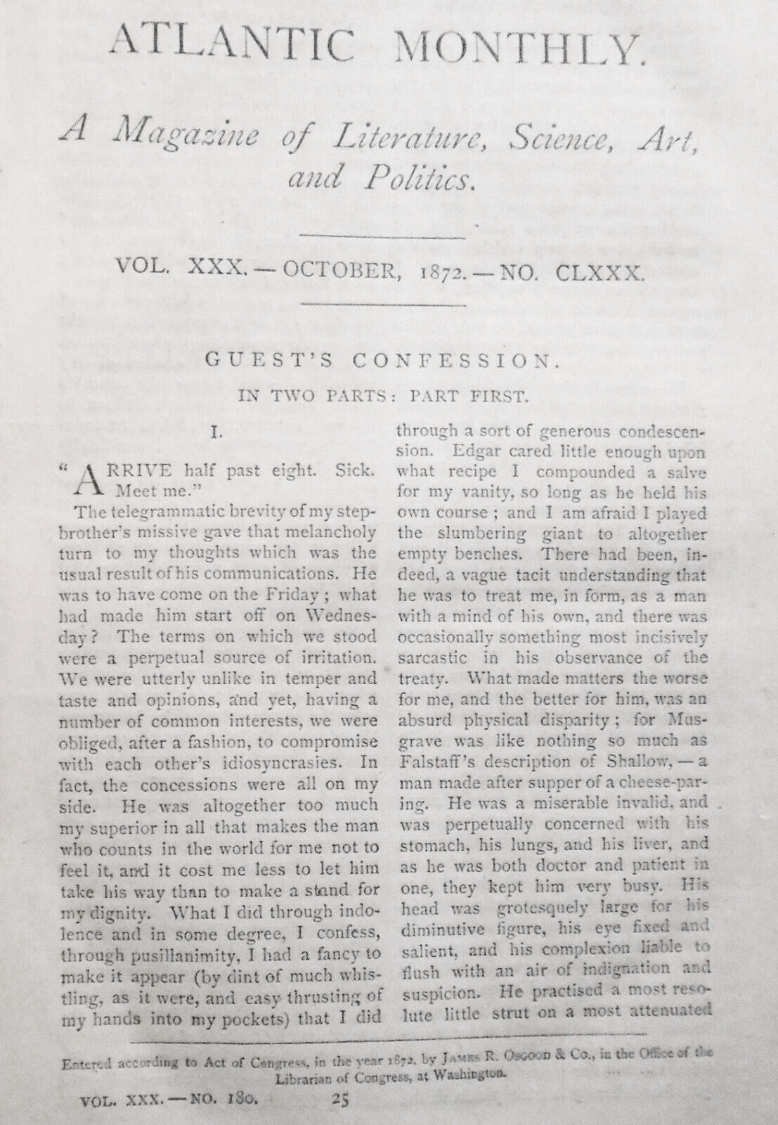 2 issues, Atlantic Monthly 1872 (Oct & Nov) with Henry James: Guest's Confession