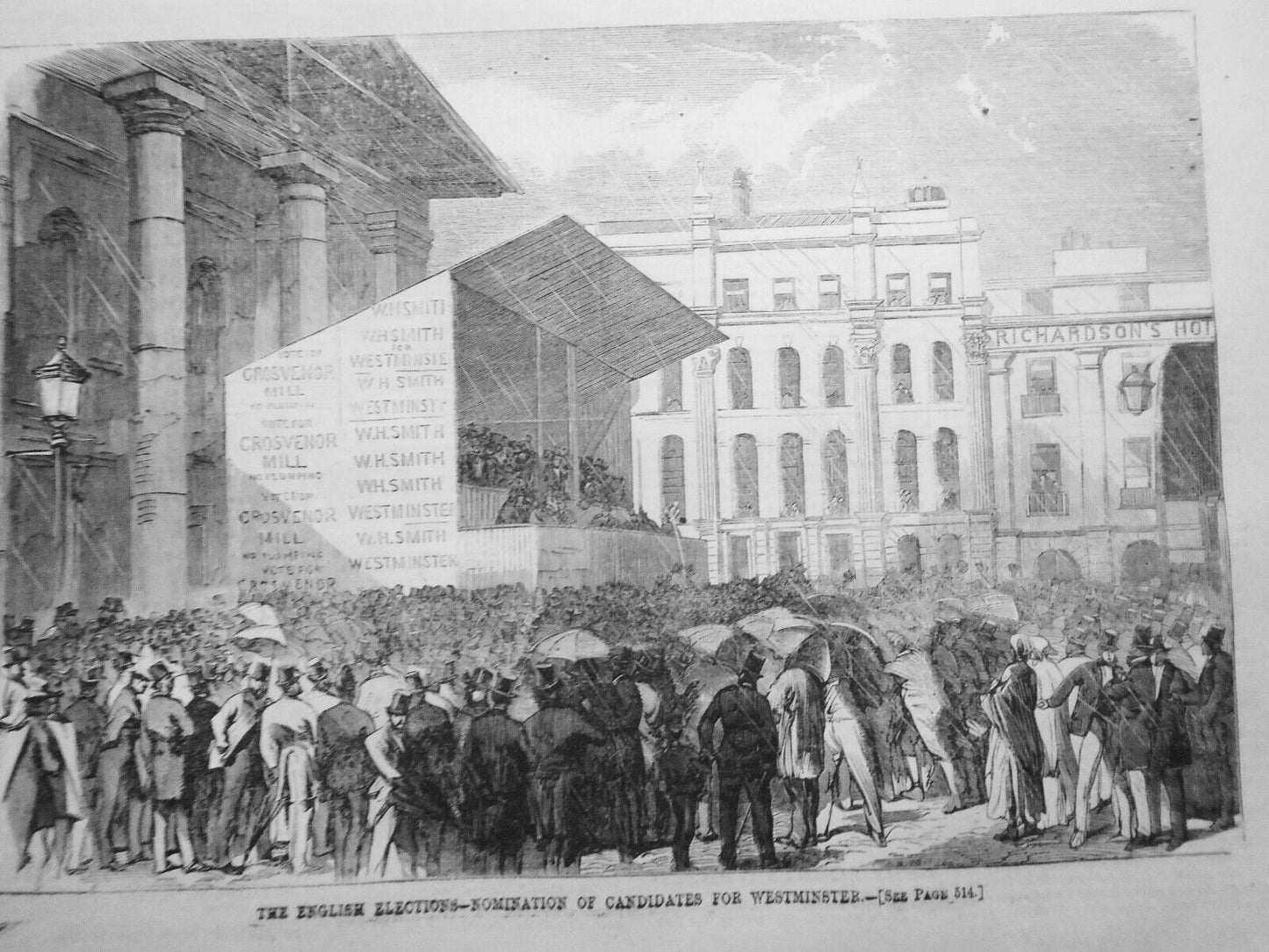 1865 The English Elections - 2 prints: Riot in Marketplace & Nominations