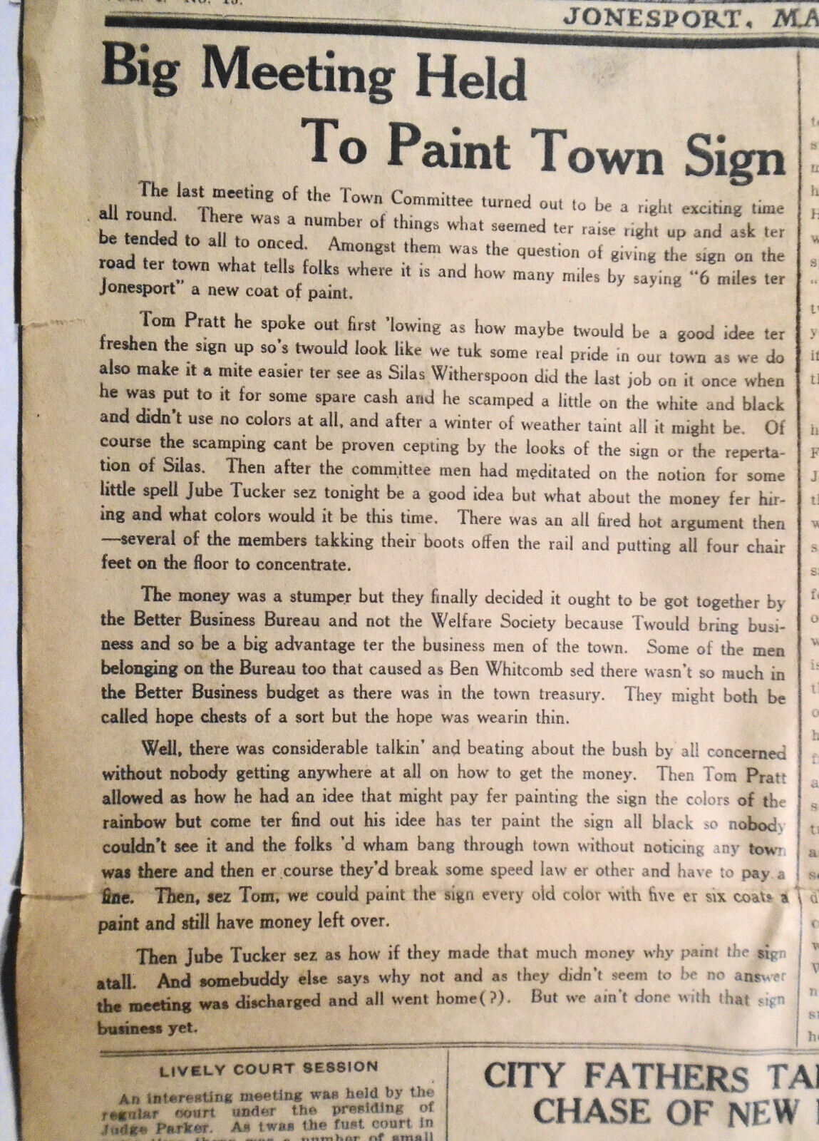Jonesport Star, May 29, 1930 - Big meeting held to paint town sign; other news