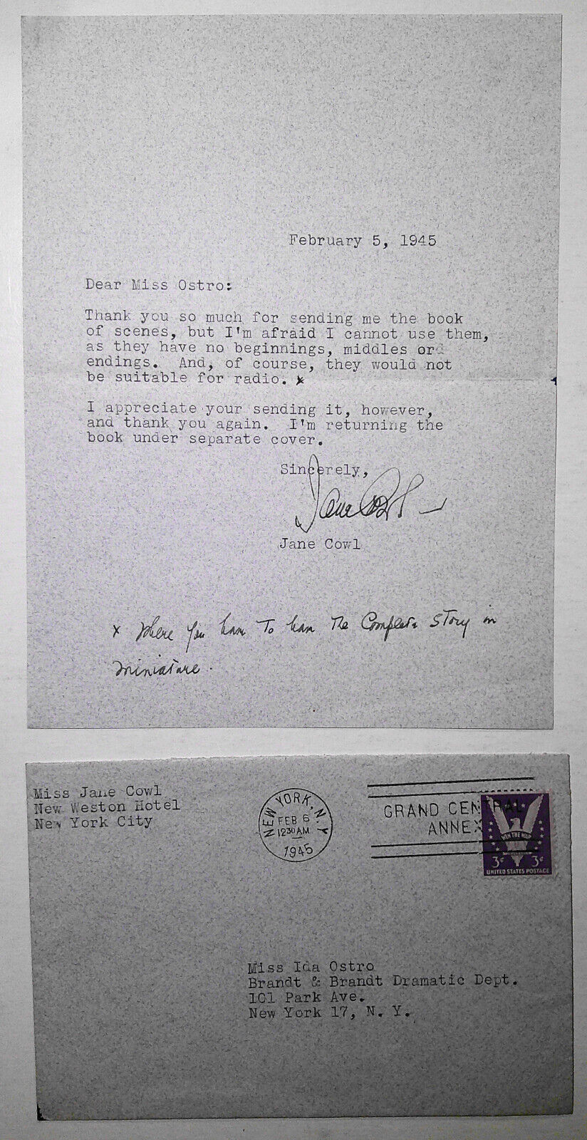 Actress Jane Cowl SIGNED Letter 1945, with envelope & handwritten postscript