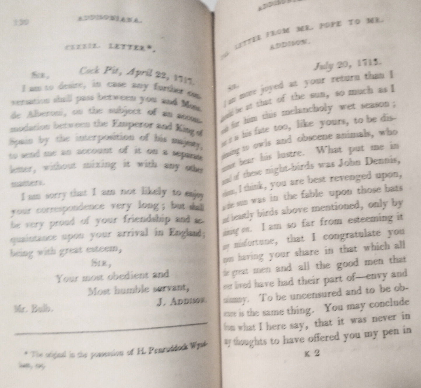 1803 Addisoniana - with sketch of life of Addison & 7 letters engraved - 2 vols.