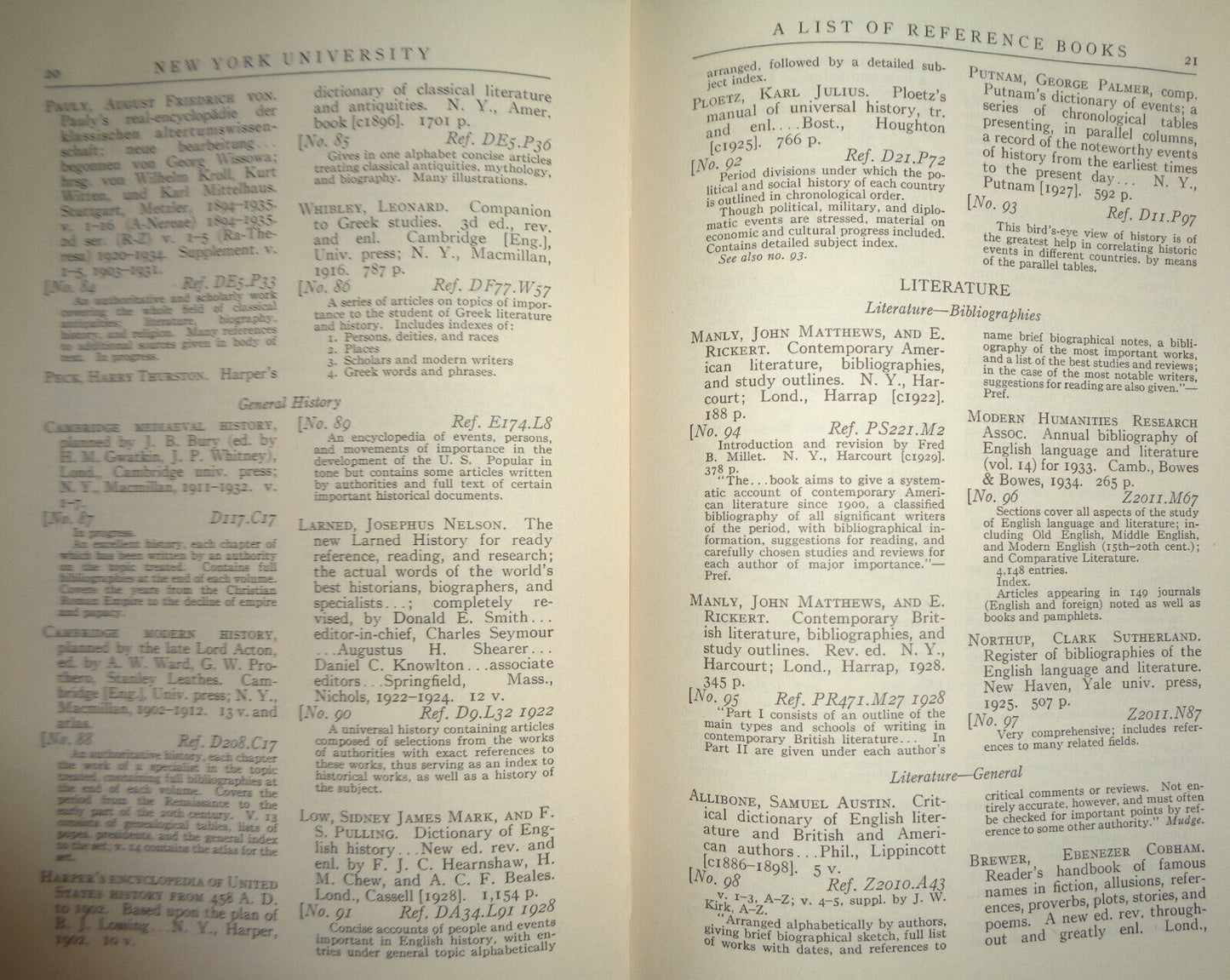 NEW YORK UNIVERSITY BULLETIN, AUGUST 1935 - LIST OF REFERENCE BOOKS FOR FRESHMEN