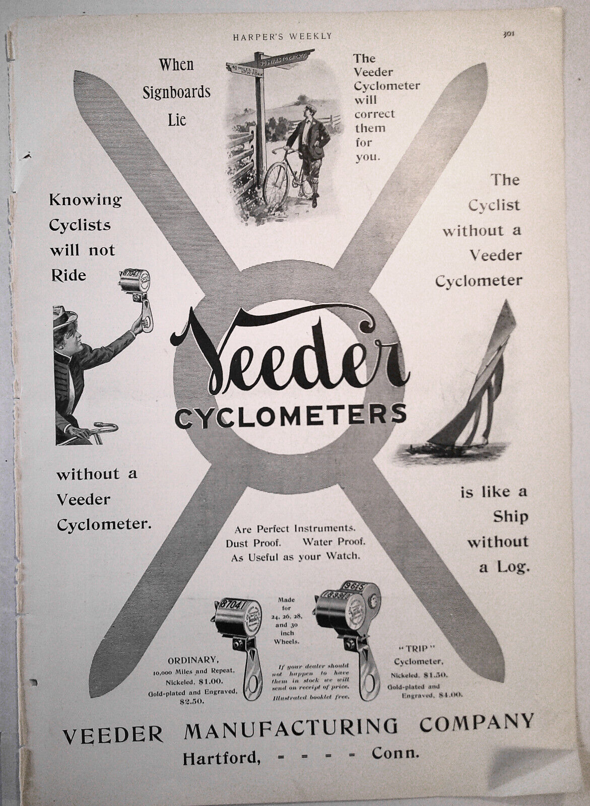 Veeder Cyclometers - full page ad in Harper's Weekly, 1900. 16x11 inches