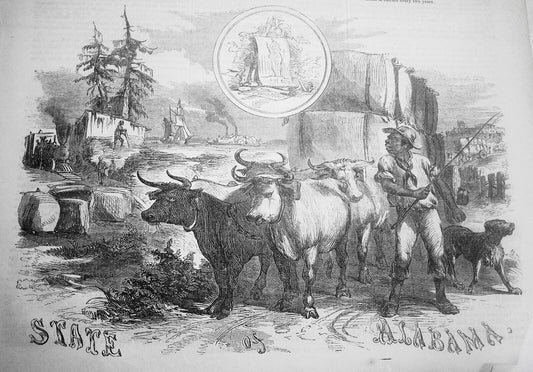 "State of Alabama" emblematic print + story, in Ballou's Pictorial May 2, 1857.
