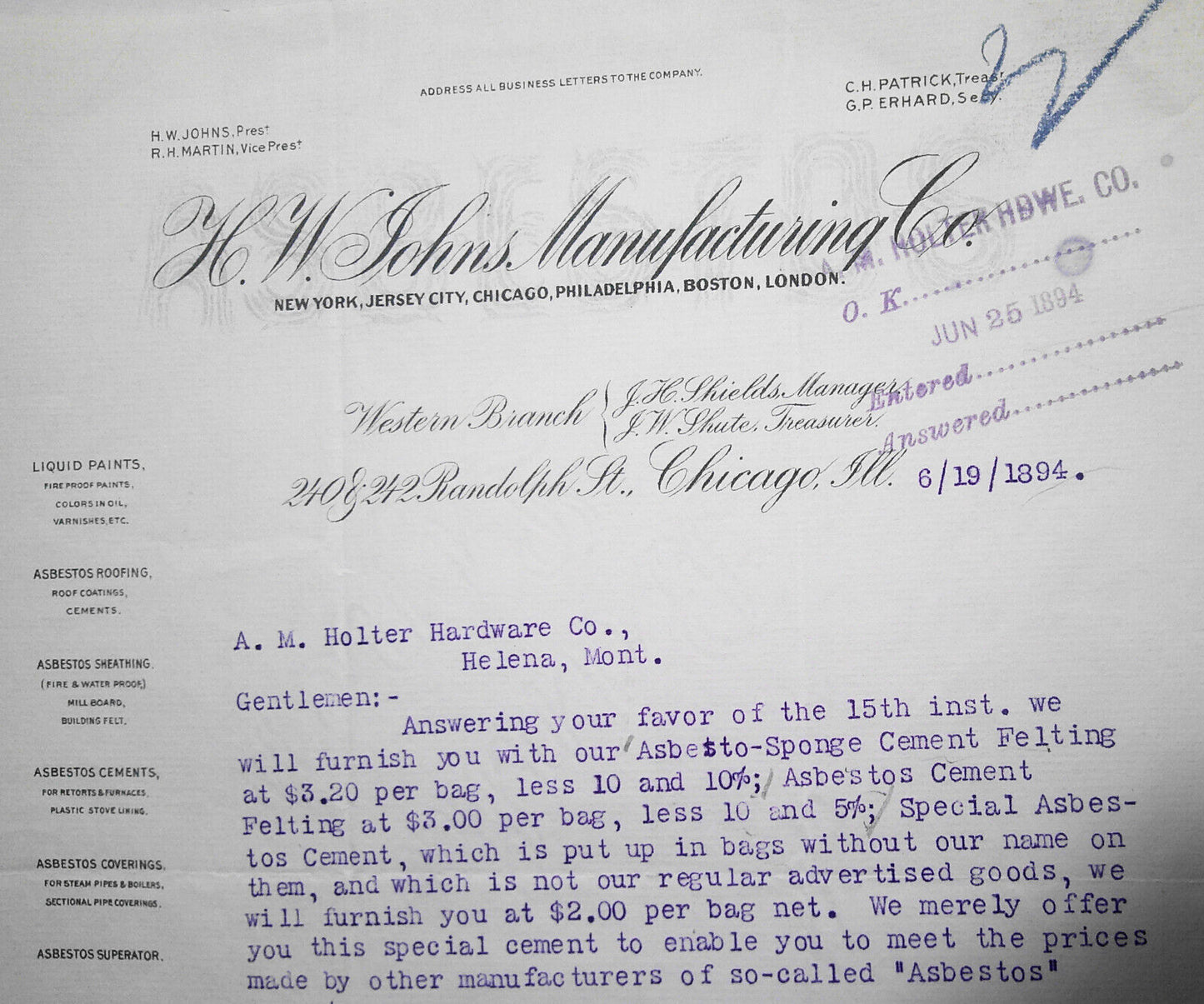 1894 Business Letter - H. W. Johns Manufacturing Co, Chicago - Asbestos products