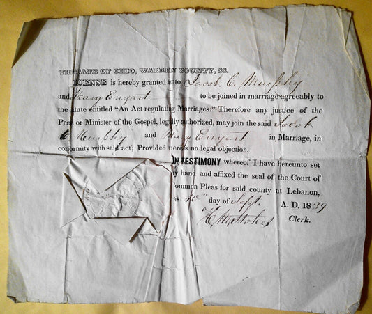 1839 Warren County Ohio original Marriage License, with seal.