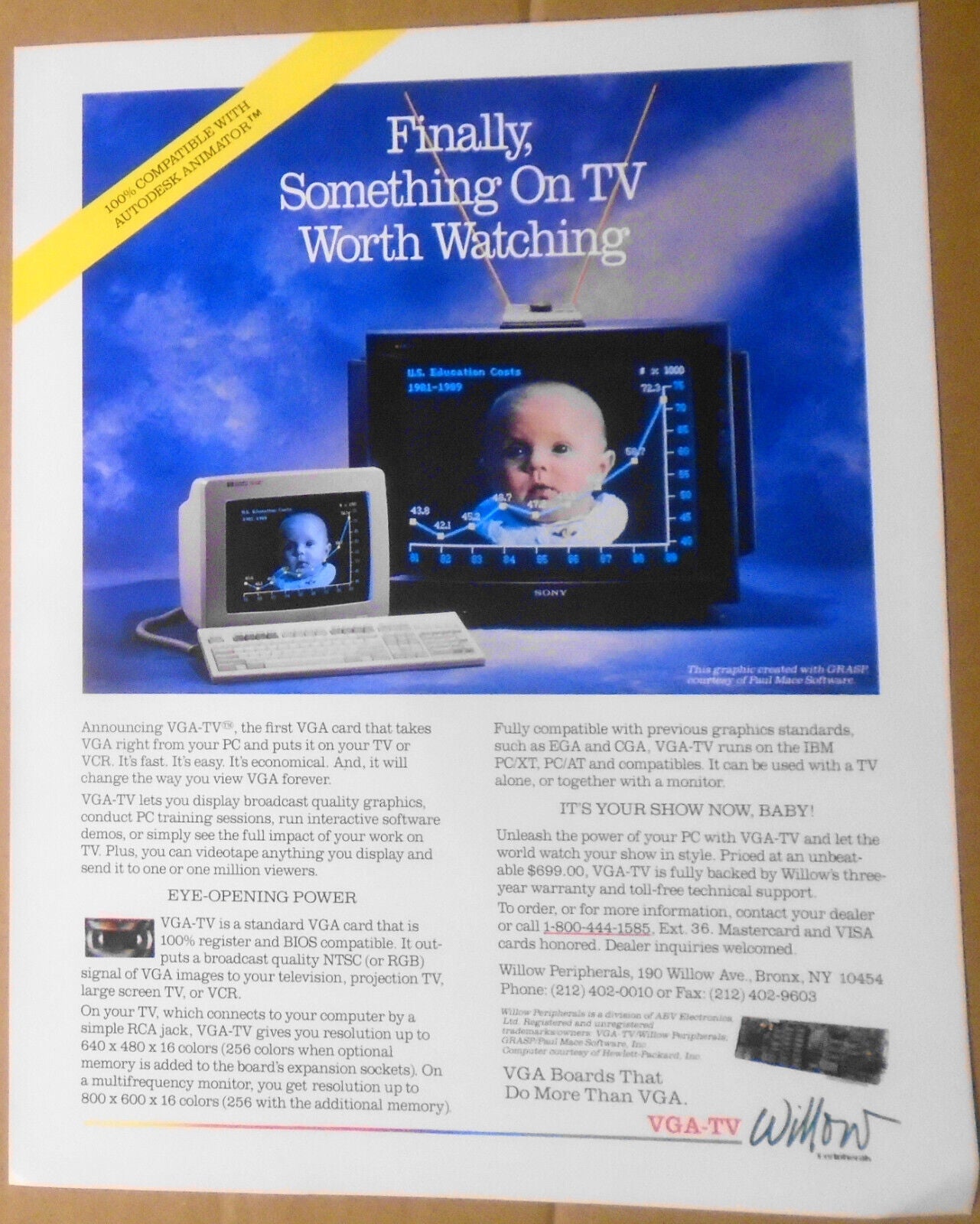 Announcing VGA-TV by Willow Peripherals, 1988. Promo flyer. First such VGA card.