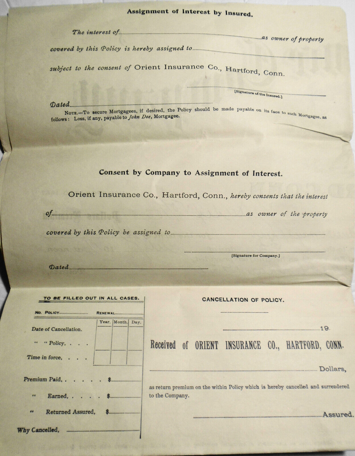 1910 Orient Insurance Co. Hartford Connecticut. Fire Insurance Policy Document