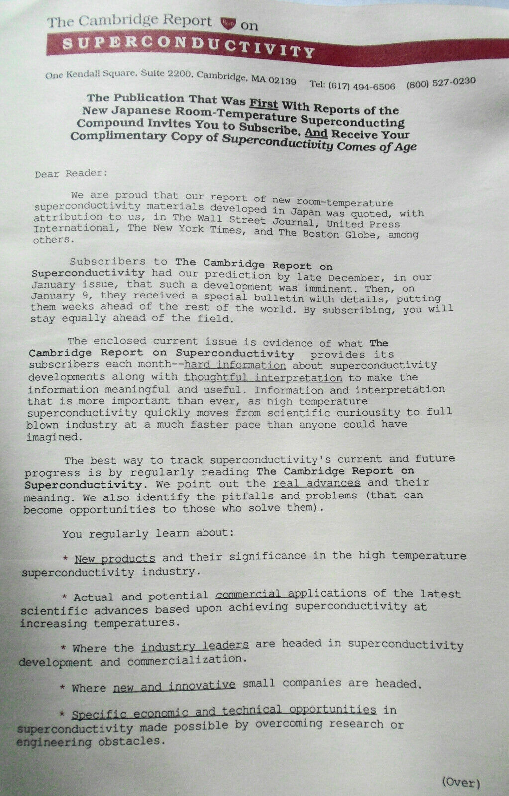 The Cambridge Report on Superconductivity, February 1988. David Gumpert, Editor