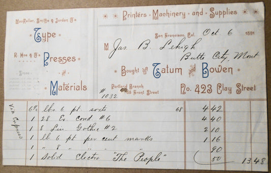 1891 Tatum and Bowen Receipt - Printers, Machinery and Supplies - Butte City, MT