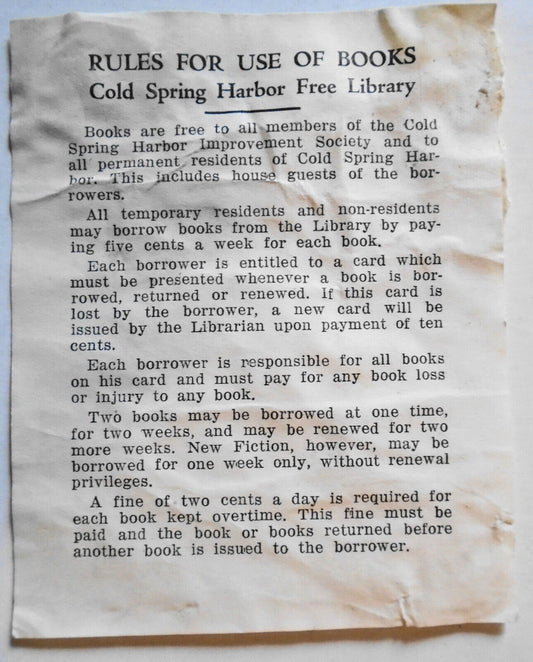 Cold Spring Harbor Free Library [Rules for Use of Books]  - Bookplate - 1920s.