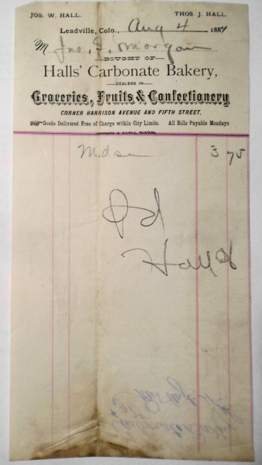 1884 Halls' Carbonate Bakery - Groceries... Billhead receipt. Leadville Colorado