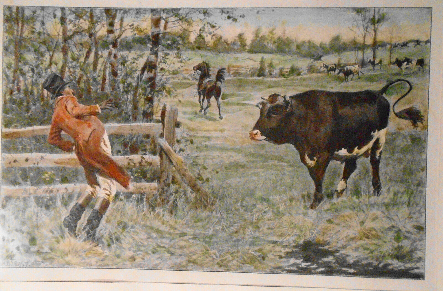 When a Red Coat is Embarrassing, by A. B. Frost. Hand-colored.  Original. 1904.