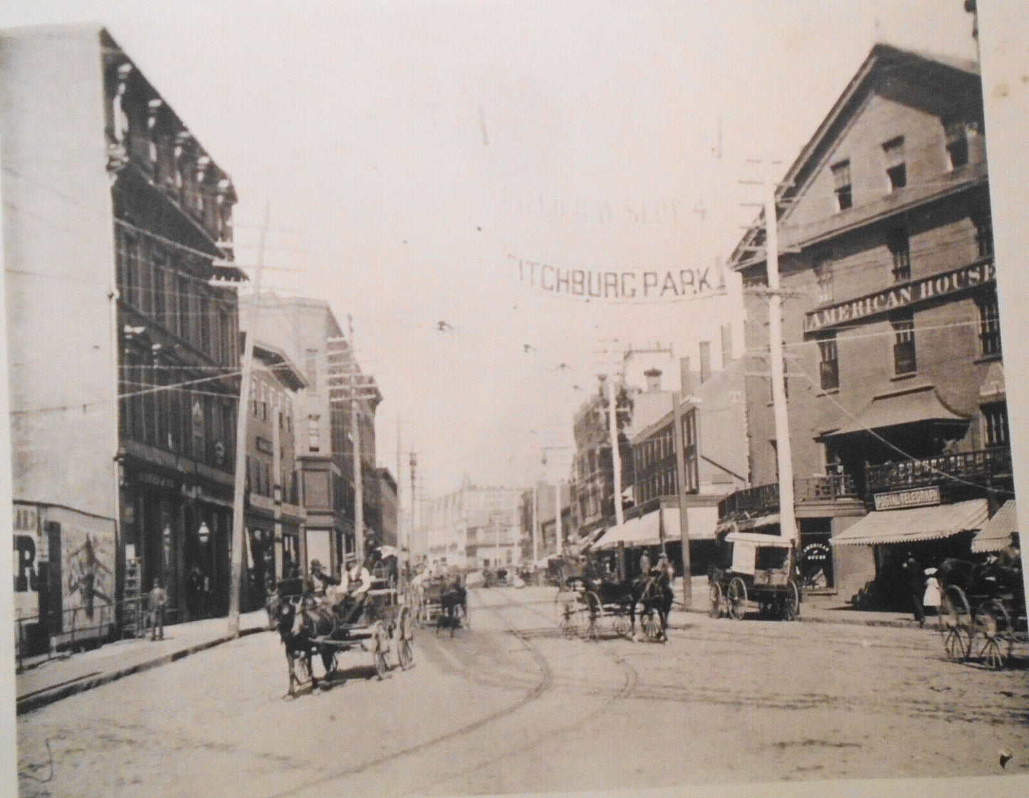 Main Street, Fitchburg Massachusetts  antique print early 1900s - 13.75 x 10.25"