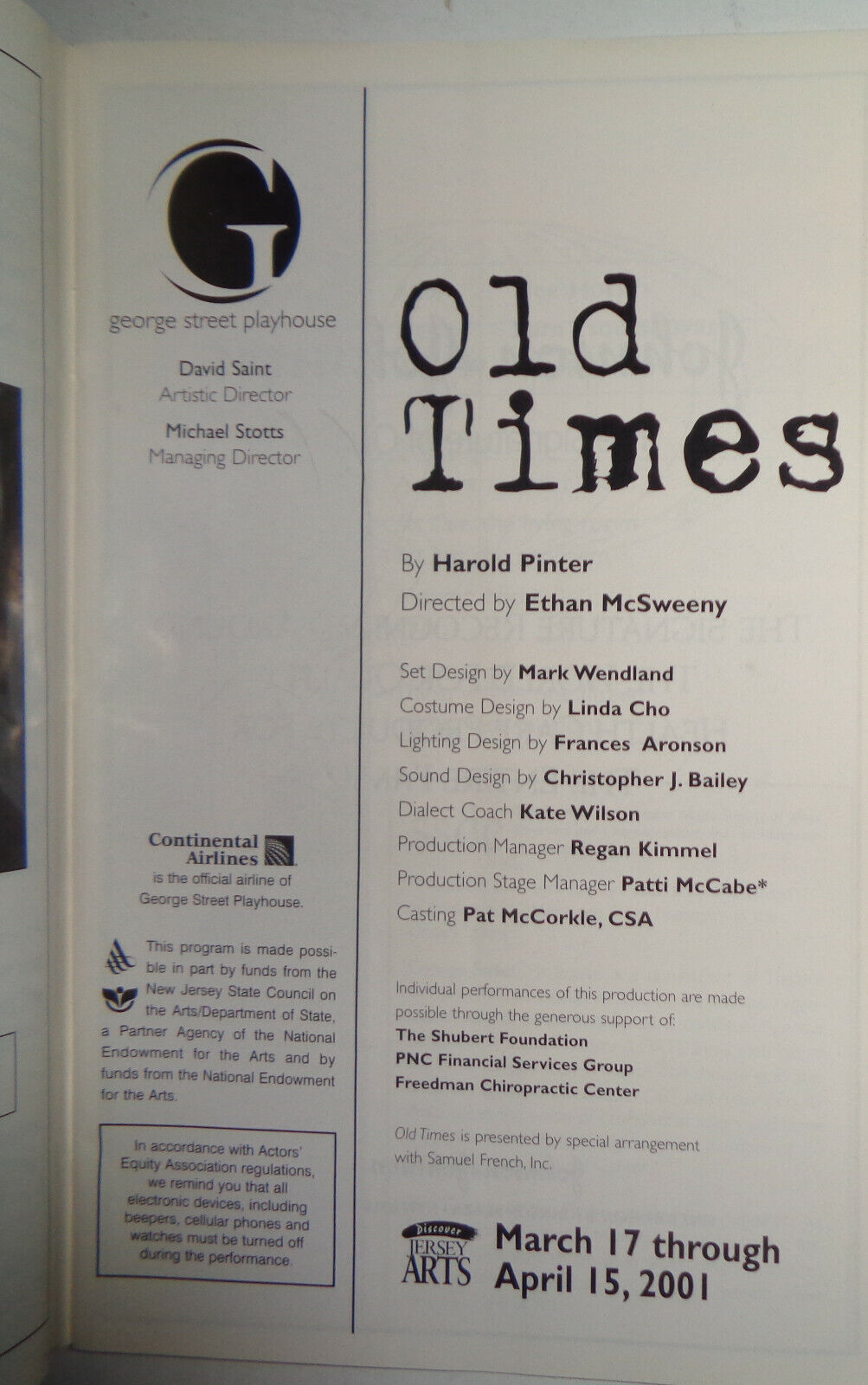 OLD TIMES - SOUVENIR PROGRAM -  2001 - GEORGE STREET PLAYHOUSE, NJ.  DEE HOTY