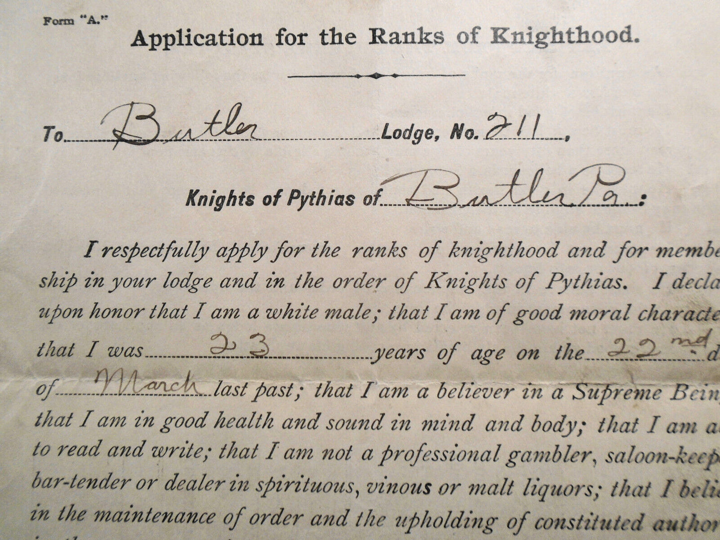 1911 Application for Ranks of Knighthood. Butler Lodge, Knights of Pythias, PA