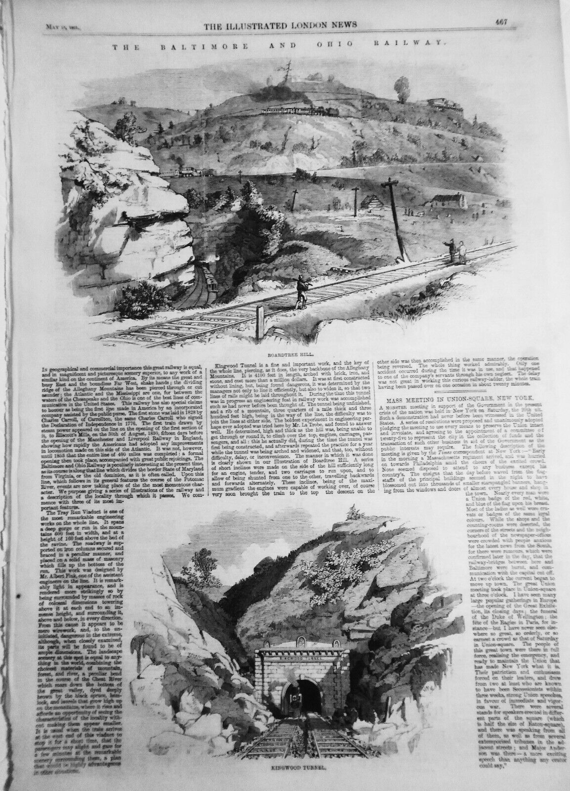 1861 The Baltimore And Ohio Railroad: Boardtree Hill & Kingwood Tunnel -2 prints