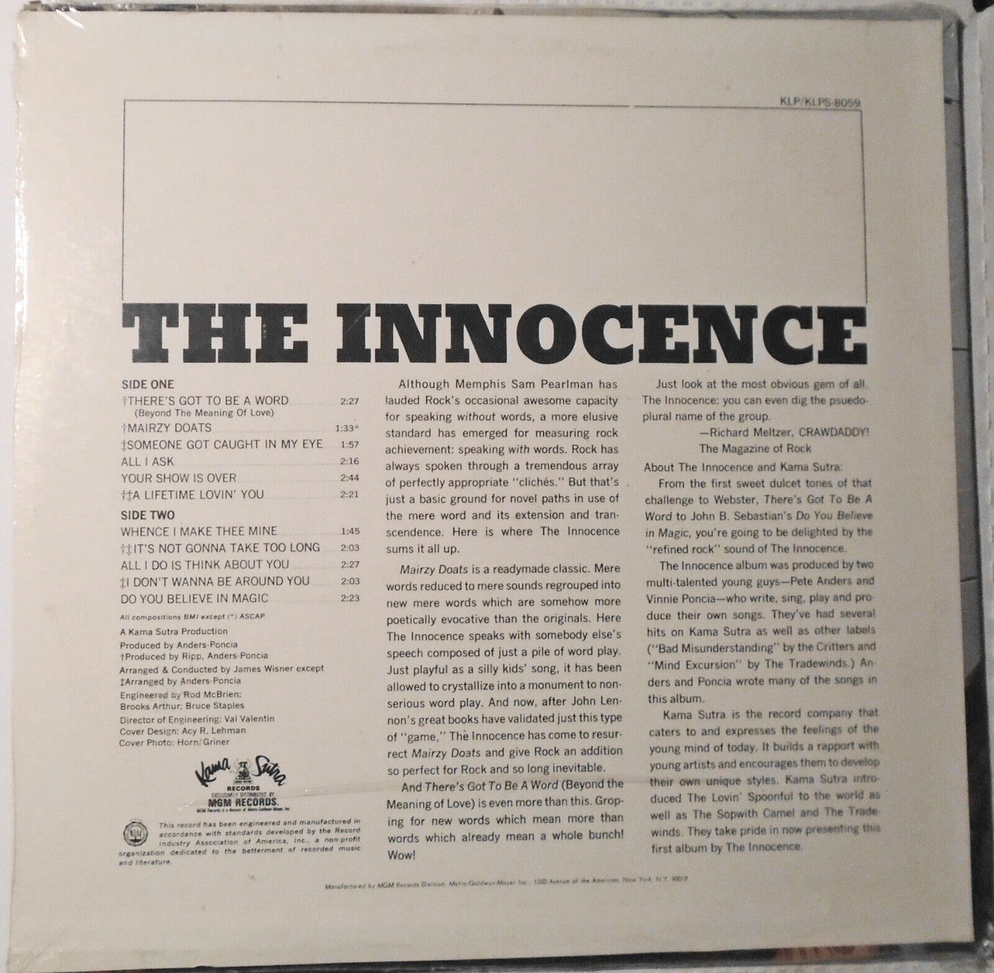 The Innocence : The Innocence LP - Kama Sutra ‎KLP-8059 Mono 1967 New Sealed