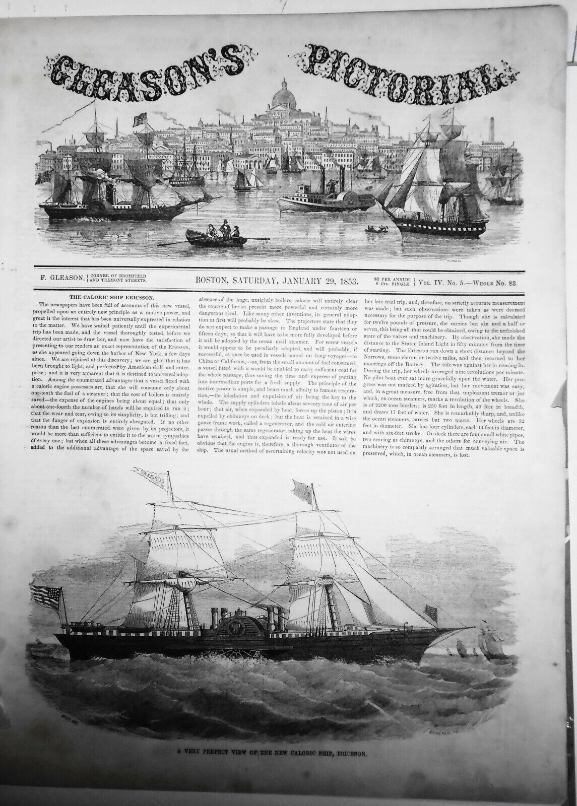 1853 The Caloric Ship Ericsson  - Story & print  - Gleason's Pictorial