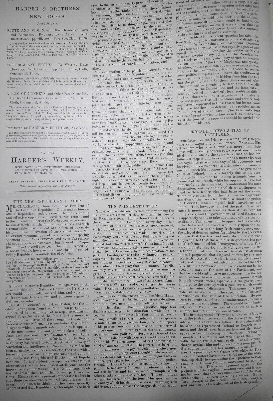Harper's Weekly May 9, 1891. The Horse from ranch to market; Carnegie Hall; etc