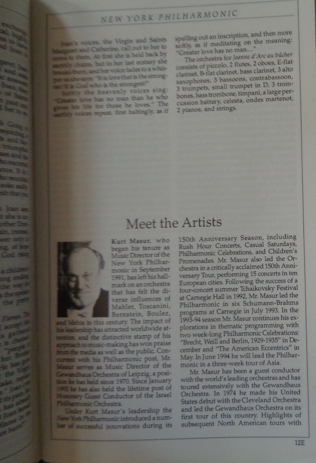 JEANNE D' ARC AU BUCHER - STAGEBILL - APRIL 1994 Kurt Masur, NY Philharmonic