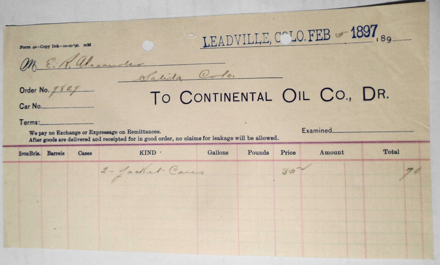 1897 Continental Oil Co.,  Billhead receipt from Leadville Colorado