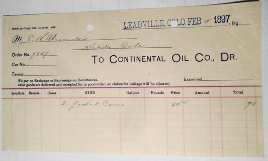1897 Continental Oil Co.,  Billhead receipt from Leadville Colorado