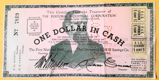 1930s Fostoria Industrial Corporation, Ohio : $1 Certificate, With Stickers