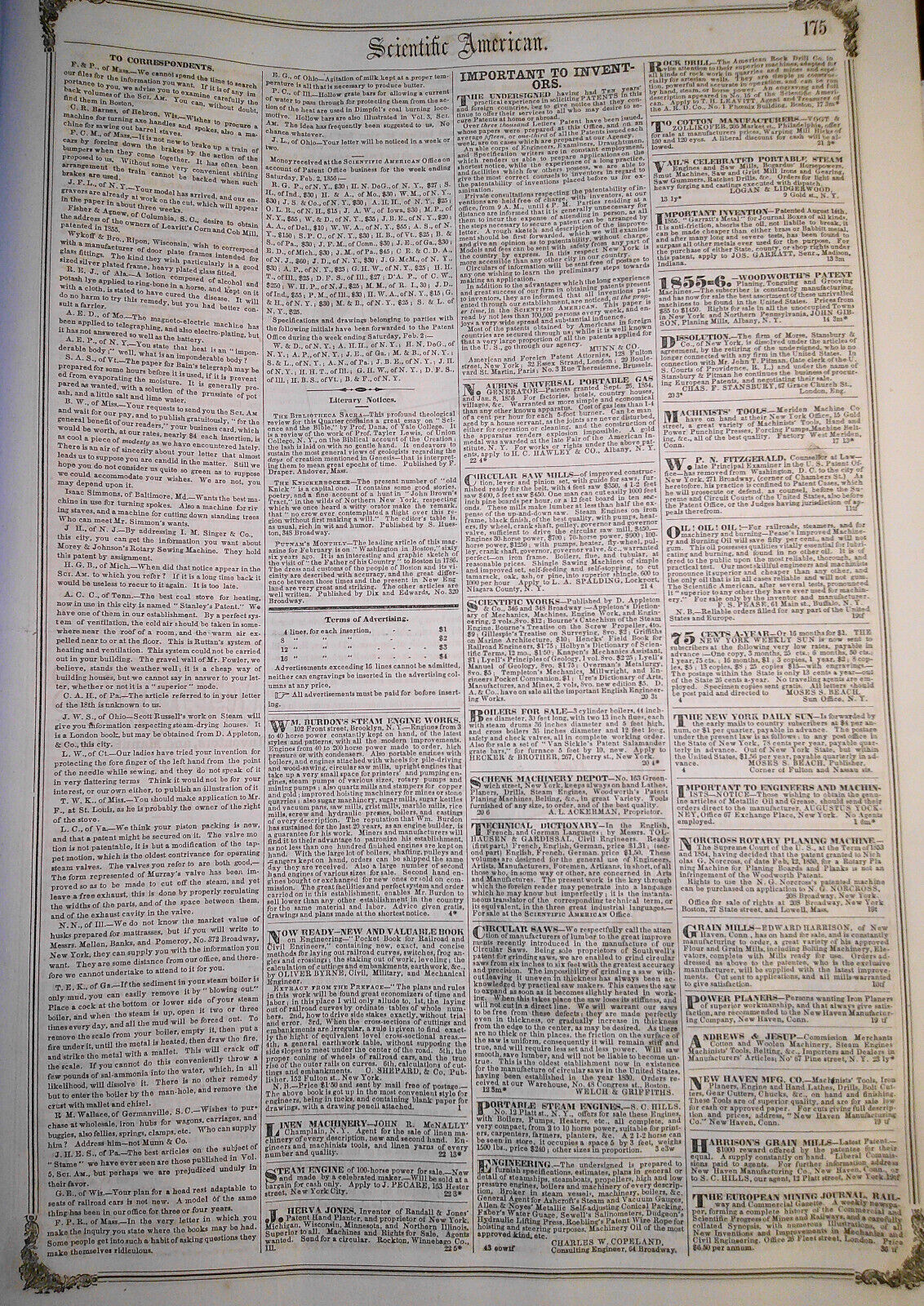 Scientific American, February 9, 1856. Machines for Marble Sawing & Weaving Wire
