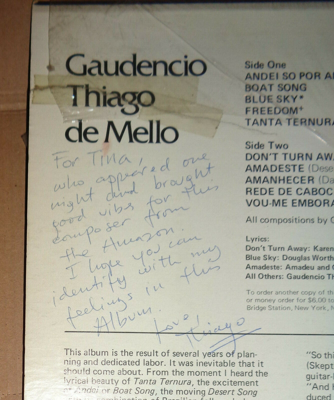 The Music Of Thiago LP - SIGNED by Gaudencio Thiago De Mello, 1973 [Latin, jazz]