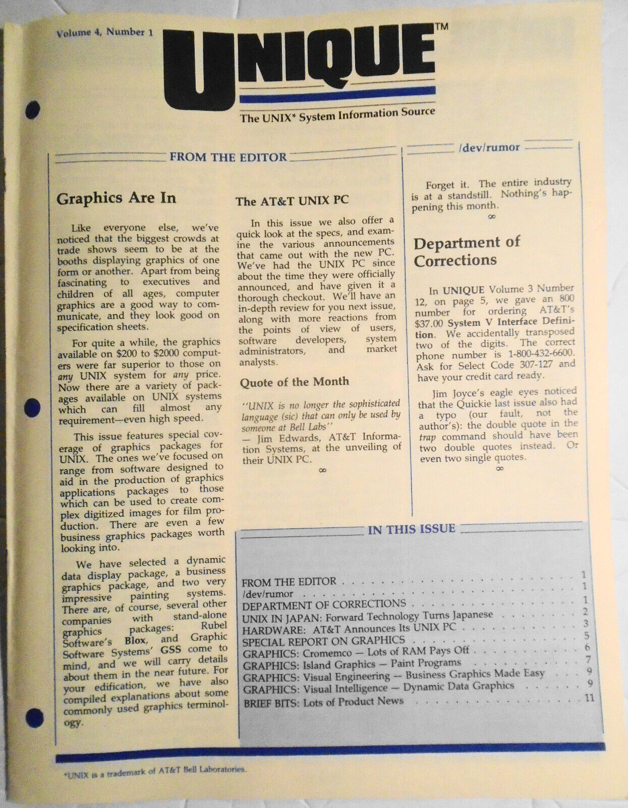 UNIQUE: The UNIX System Information Source,  Oct. 1985 - Graphics; AT&T  UNIX PC