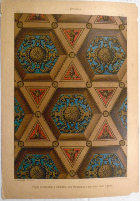 Europa: Techo artesonado y adornado con esculturas y pinturas... ca 1890, J Aleu