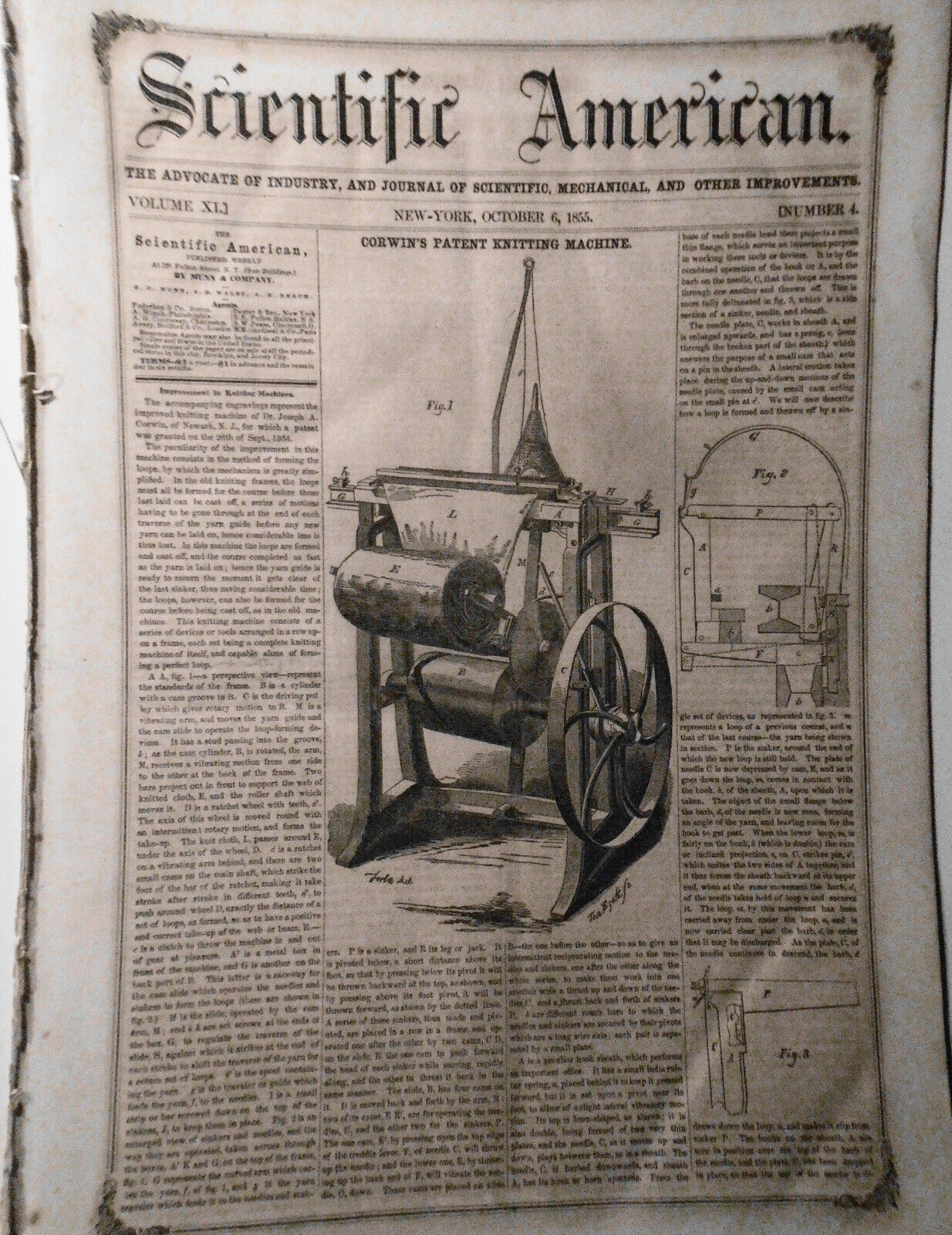 Scientific American, October 6, 1855. Knitting machine; cotton press; alarm bed