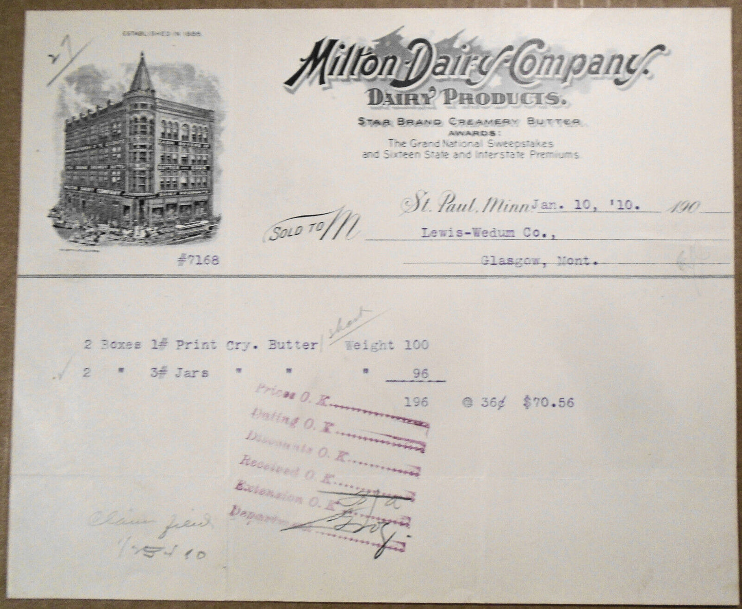 1910 Milton Dairy Company, St. Paul, Minnesota. Billhead receipt - butter, jars.